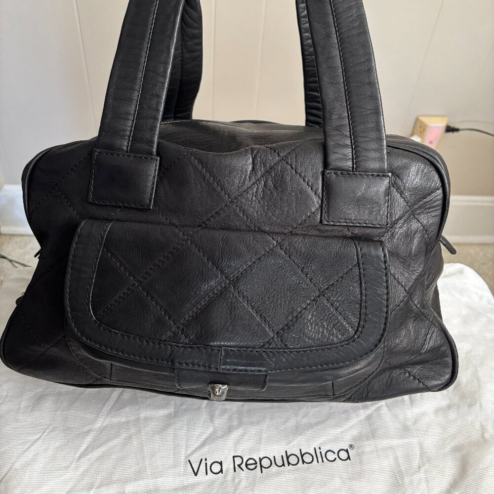 Via Repubblica Skull Black Leather Hand Bag